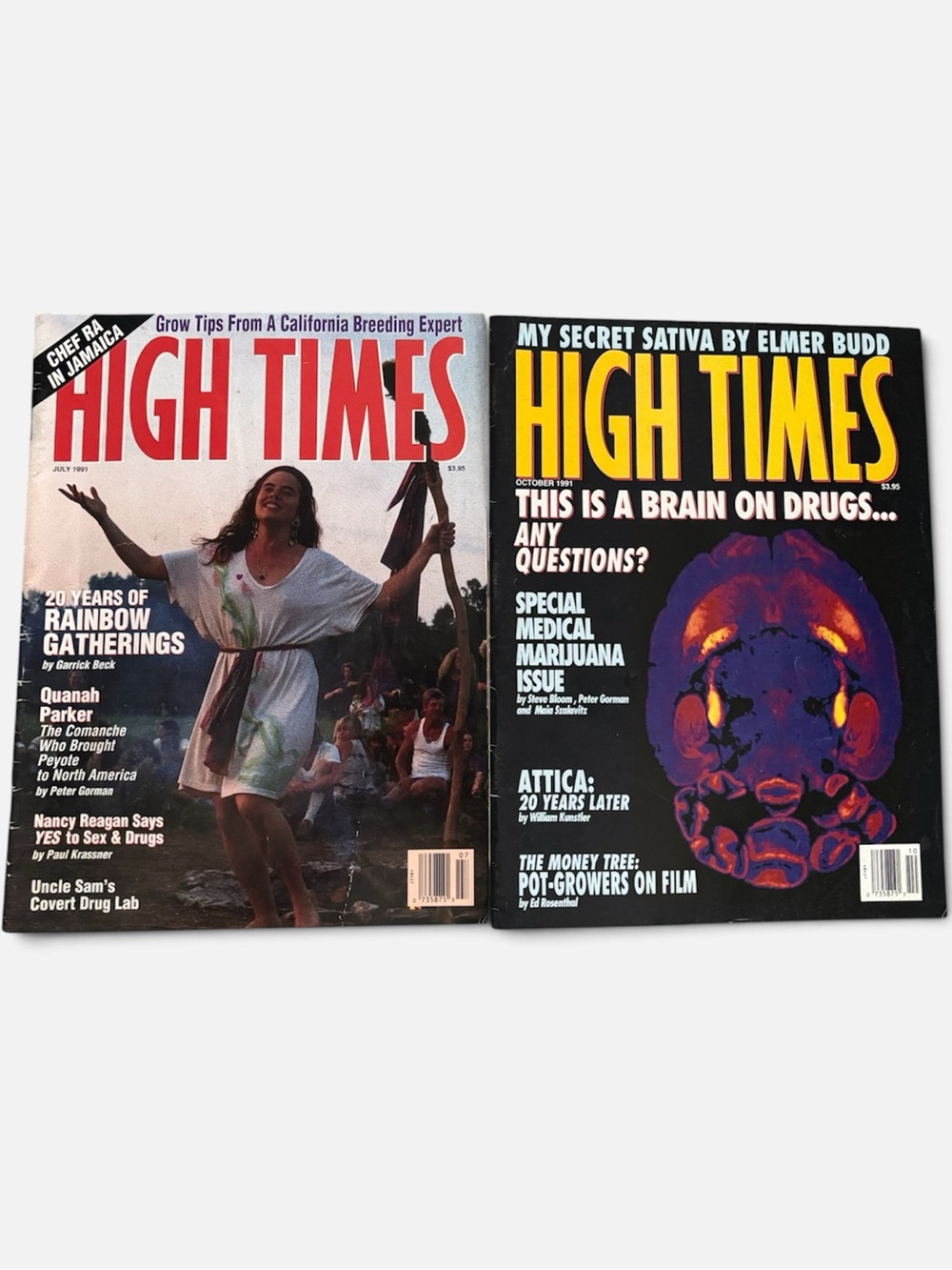 VTG 1991 High Times Magazine: July (Rainbow Gatherings) & Oct (Brain on Drugs)